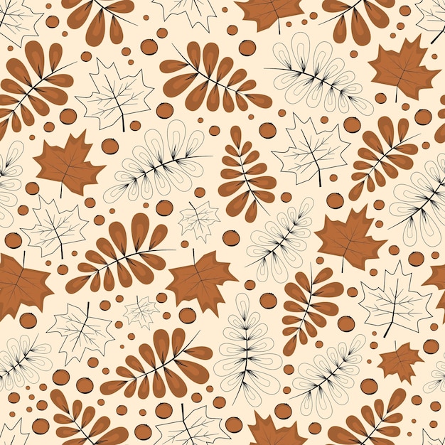 Nahtloses Herbstmuster Vektor, braune Blätter und Pflanzen, flaches Herbstdesign, gemütlicher Herbst, Druck