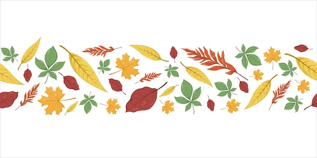Vektor nahtloses horizontales muster mit herbstblättern in beige, rot, braun, grün und gelb