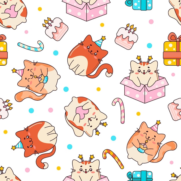 Nahtloses Kindermuster mit Katzen zum Geburtstag