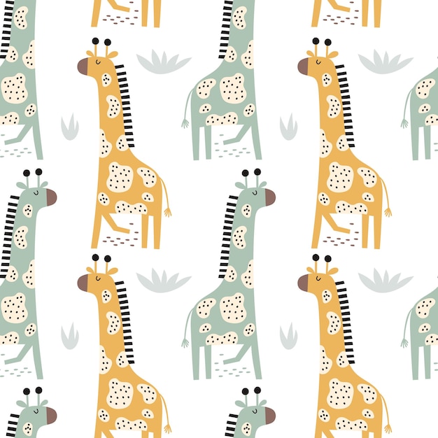 Nahtloses kindliches Dschungelmuster mit niedlicher Giraffe Perfekt für Stofftextil-Kindergartenplakate Vektor