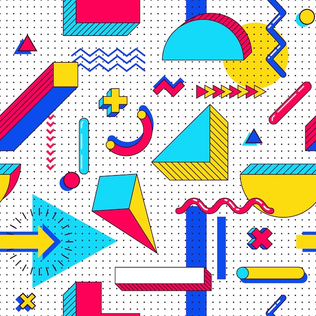 Nahtloses memphis-muster. abstrakte 90er jahre trends elemente mit mehrfarbigen einfachen geometrischen formen. formen mit dreiecken, kreisen, linien