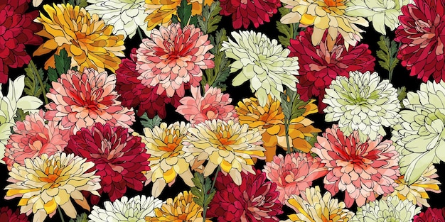 Nahtloses mit blumenmuster mit bunten blumenchrysanthemen und grünen blättern