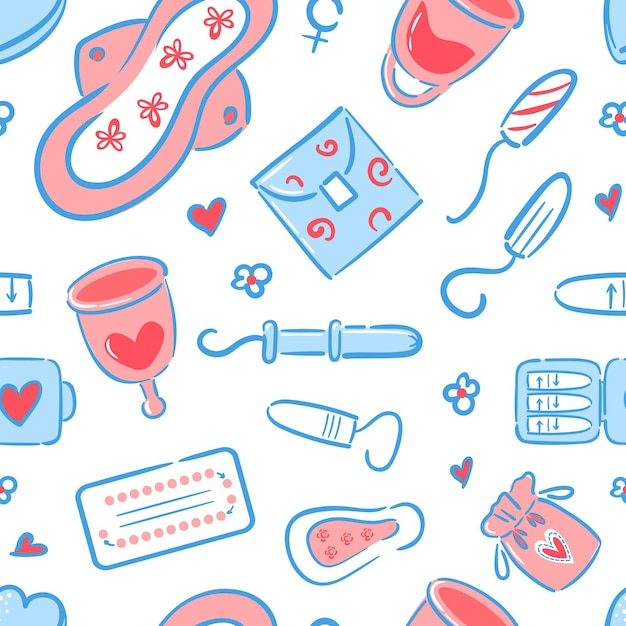 Nahtloses muster aus damenhygieneartikeln im handgezeichneten stil. menstruationstassen, wiederverwendbare und einweg-pads, tampons, schwangerschaftstests, antibabypillen, frauengesundheit
