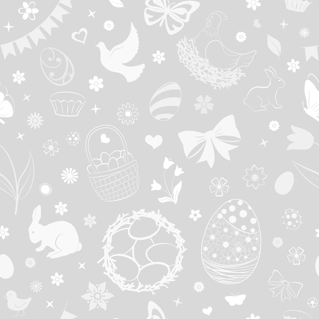 Nahtloses muster aus eiern, blumen, kuchen, hasen, hühnern, hühnern und anderen ostersymbolen in weißen und grauen farben