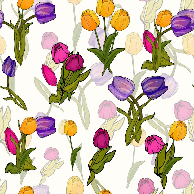 Vektor nahtloses muster aus farbenfrohen tulpen gezeichnet hochrealistische vektor frühlingsblumen für stoff
