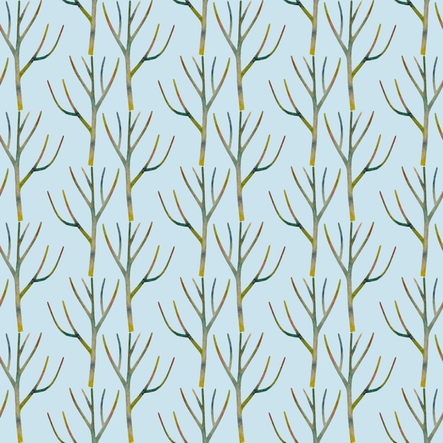 Nahtloses muster aus farbigen, trockenen holzzweigen minimalistisches design skandinavisches endloses ornament handgezeichnete aquarellillustration von zweigen auf blauem hintergrund für tapetentextilverpackungen