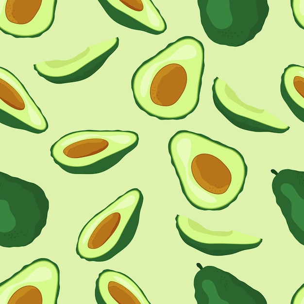 Nahtloses Muster aus ganzen und geschnittenen Avocados auf Salathintergrund Kann für Textilien verwendet werden