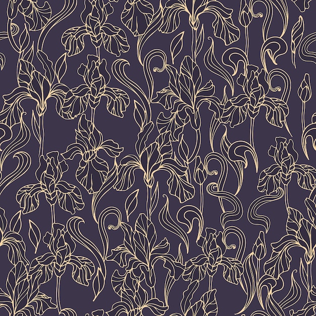 Nahtloses muster aus goldenen vintage-iris-blumen auf dunklem hintergrund moderne botanische illustration im jugendstil für den tapetendruck im kindergarten auf stoffverpackungen