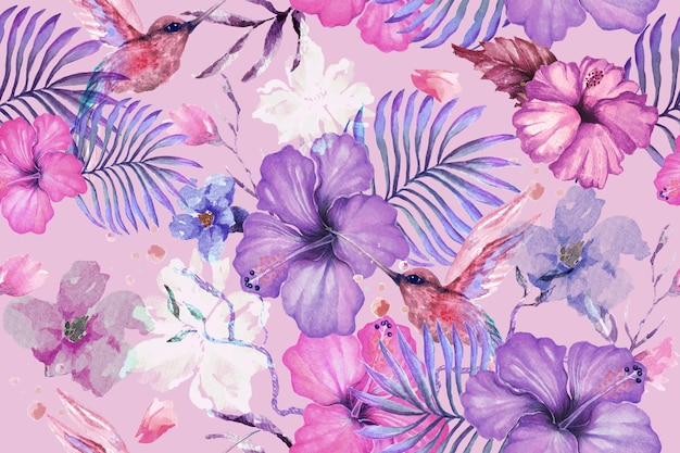 Nahtloses Muster aus Hibiskus und blühender Blume mit Aquarell für Stoff und Tapete