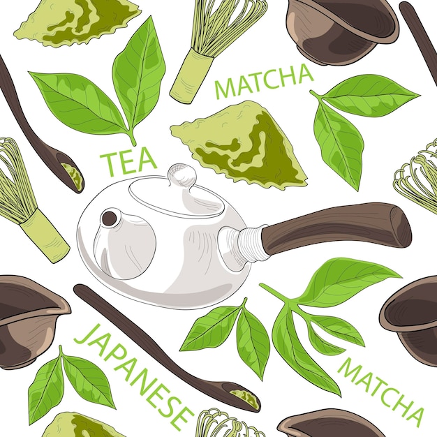 Nahtloses Muster aus japanischem Matcha-Pulver-Holzlöffel und Schneebesen von grünem Tee und letzterer Tassenskizze