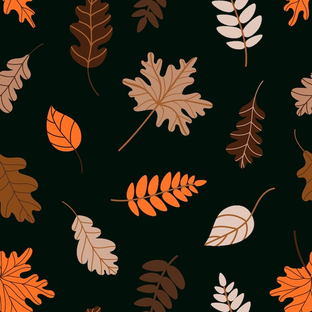 Nahtloses Muster aus verschiedenen verwelkten Blättern auf dunkelgrünem Hintergrund