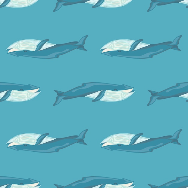 Nahtloses muster blauwal auf hellblauem hintergrund. vorlage der zeichentrickfigur des ozeans für stoff. wiederholte geometrische textur mit meereswalen. gestalten sie für jeden zweck. vektor-illustration