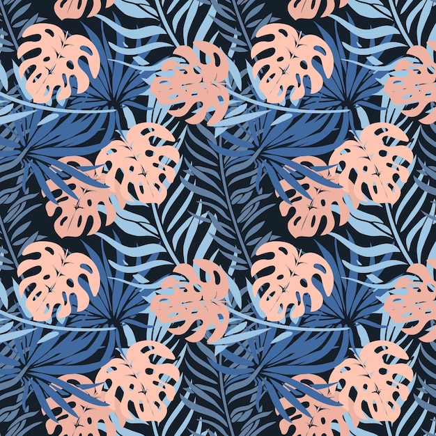 Nahtloses Muster, bunte tropische Monsterblätter auf dunklem Hintergrund. Druck, Hintergrund, Textil