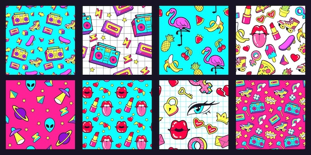 Nahtloses Muster der 90er Jahre. Retro 80er Jahre Pop-Mode-Muster mit funky Doodle-Aufklebern. Lippen, Musikband und rosa Flamingo-Vektor-Illustration-Set. Wassermelone und Banane, Kirsche und Ananas