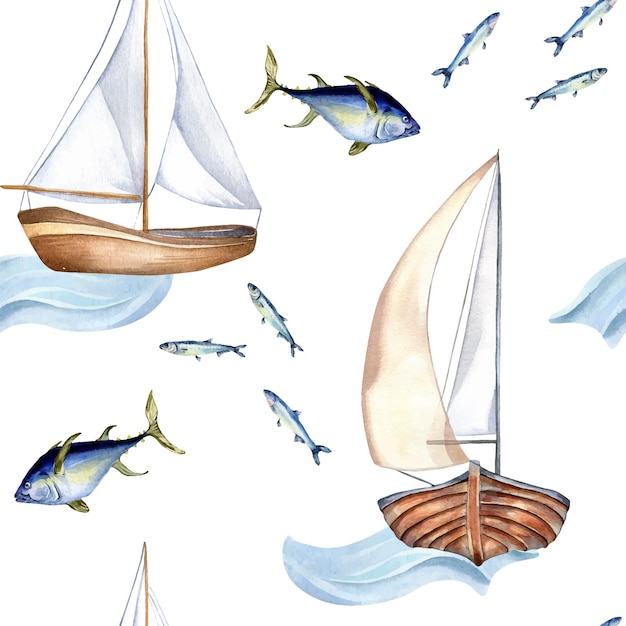 Nahtloses Muster der Aquarellillustration im Vintage-Stil des Segelschiffs isoliert auf Weiß Segelboot