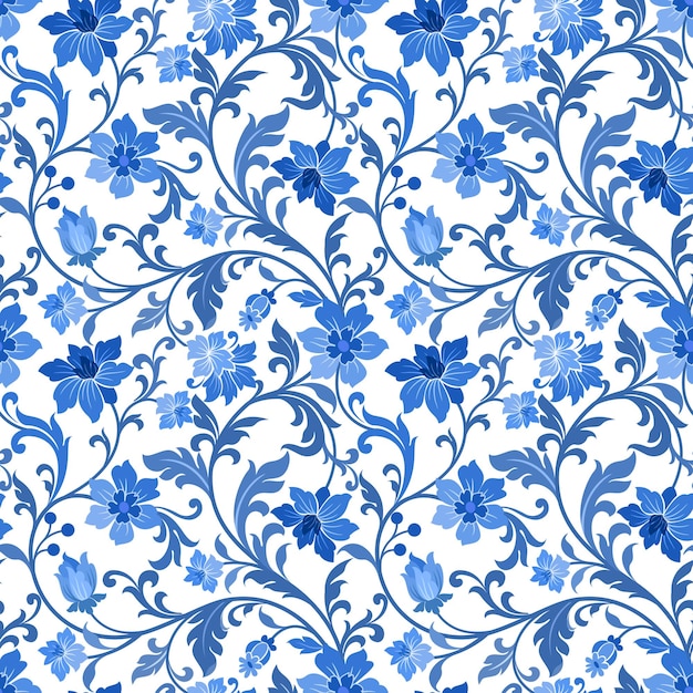 Nahtloses Muster der blauen monochromen Blumenverzierung.