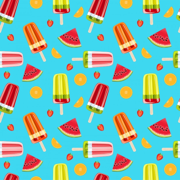 Nahtloses Muster der Eiscreme und der tropischen Früchte. Helles nahtloses Sommermuster. Fruchteis und Fruchtillustration.