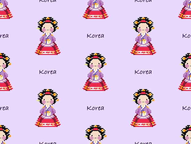 Nahtloses muster der hanbok-cartoon-figur auf violettem hintergrund pixel-stil