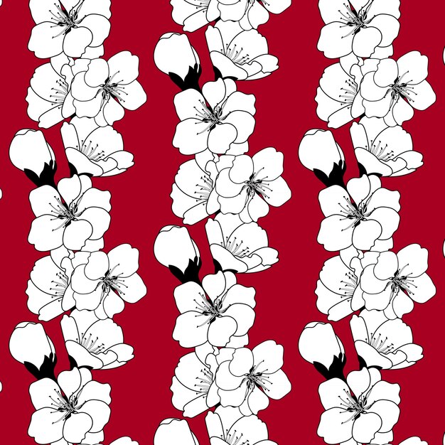 Nahtloses Muster der Kirschblüte auf dunkelrotem Hintergrund Japanische Sakura-Blume Niedlicher Druck Blumenmuster Vektor-Illustration