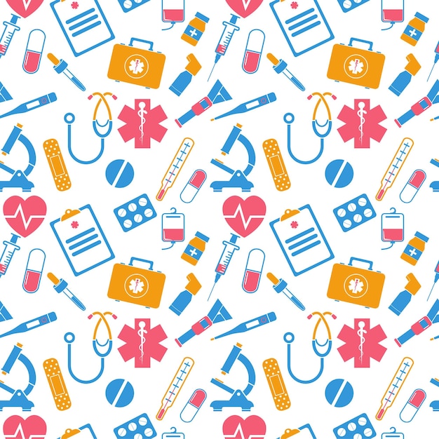 Nahtloses Muster der Medizin Gegenstände der medizinischen Ausrüstung Symbole Medizinischer Hintergrund Vektor-Illustration