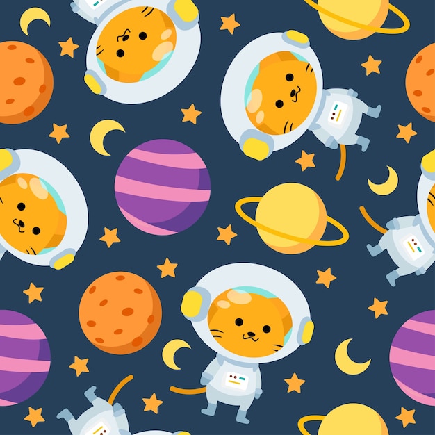 nahtloses Muster der niedlichen Astronautenkatzenkarikatur mit Mond und Planeten im Raum