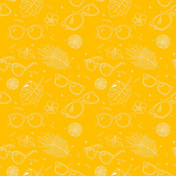 Vektor nahtloses muster der sommer-vibes. wiederholtes ornament von sonnenbrillen, tropischen blättern und blumen. urlaubsartikel handgezeichnete illustration für hintergrund, tapete, geschenkpapier, textil- und stoffdesign