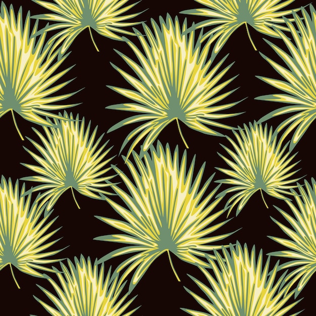 Nahtloses Muster der tropischen Blätter auf schwarzem Hintergrund. Moderne exotische Pflanzentapete. Palmblättermuster, botanischer Hintergrund. Trendiges Stoffdesign. Vektorillustration