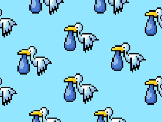 Vektor nahtloses muster der vogel-cartoon-figur auf blauem hintergrundpixel-stil