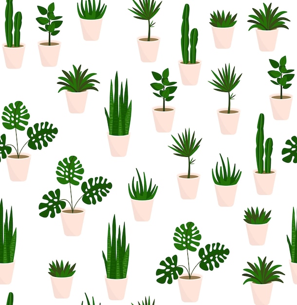 Nahtloses Muster der Zimmerpflanzen. Sich wiederholende Vektorillustration verschiedener abstrakter Zimmerpflanzen auf transparentem Hintergrund.