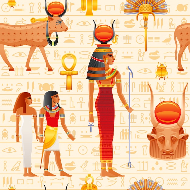 Nahtloses muster des alten ägypten. kuh hathor göttin. alter pharao. himmelsgottheit mit sonne, kuhhörnern. alte ägypten kunst.