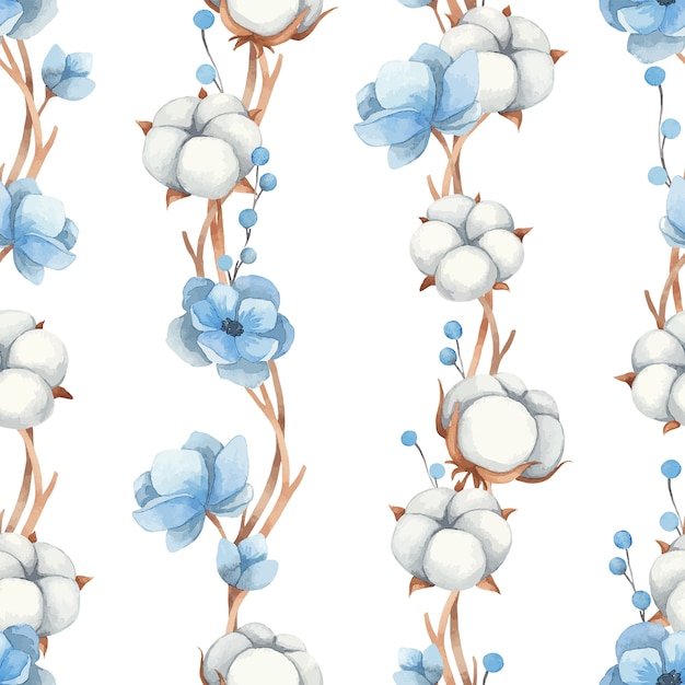 Nahtloses muster des aquarells von baumwollblumen, blauen anemonenblumen und zweigen, lokalisiert auf einem weißen hintergrund