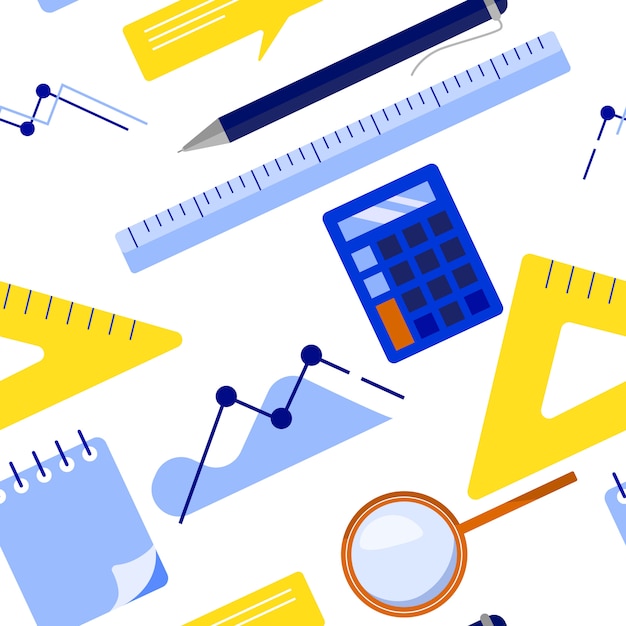Vektor nahtloses muster des flachen lagegeschäfts mit notizblock, taschenrechner, machthaber, vergrößerungsglasglas, kugelschreiber, diagramm, diagramm. flache vektor-illustration