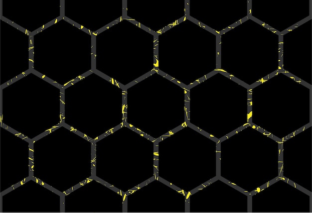 Nahtloses muster des hexagonmusters auf gelbem schmutzeffekthintergrund schwarze und gelbe beschaffenheit moderne vektorschablone