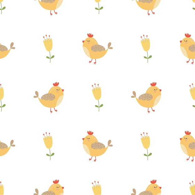 Nahtloses muster des niedlichen vogels gelbe sommerblumen hand gezeichneter hintergrund baby-kind-design vektor