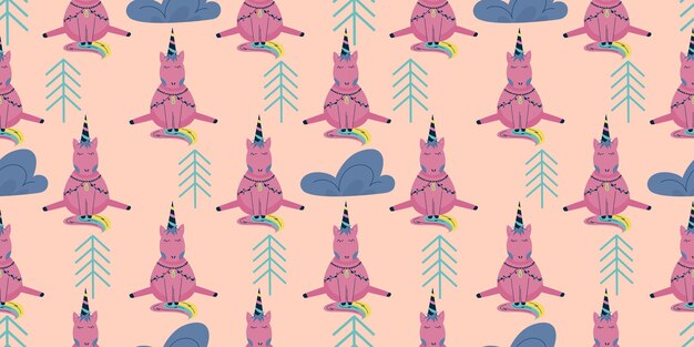 Vektor nahtloses muster des skandinavischen einhorns mit wolke und baum. ein rosa pferd mit einem horn sitzt auf einem rosa hintergrund. kindertextil mit leuchtendem regenbogen.