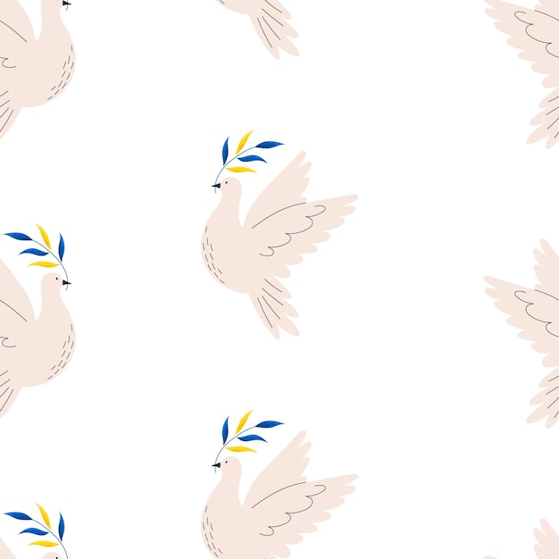 Nahtloses muster des ukraine-friedens mit taube und flachem vektor der blauen und gelben niederlassung