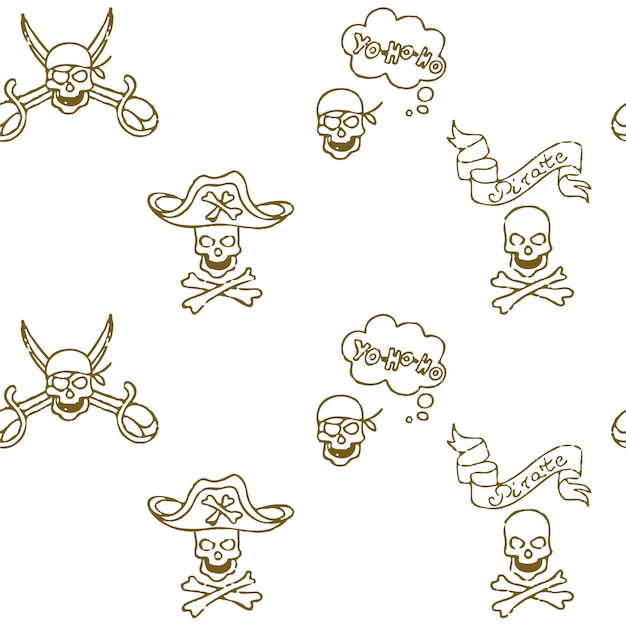 Nahtloses muster des vektor-doodle-piraten. eine karte mit einer handgezeichneten skizze eines meerjungfrauenschiffs und piratengegenständen. vorlage für kinderpostkarten. karte der schatzinsel. doodle-stil.