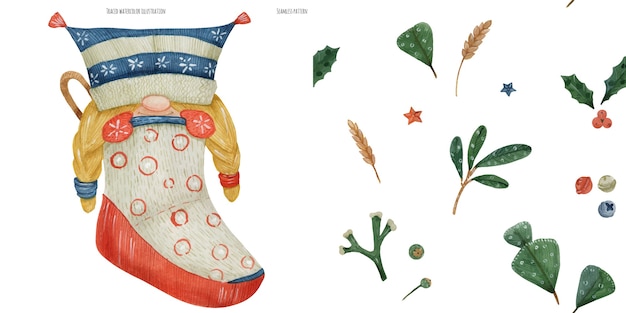 Nahtloses muster des weihnachtsaquarells mit pflanzen und kleinem gnom-mädchen, verfolgtes aquarell