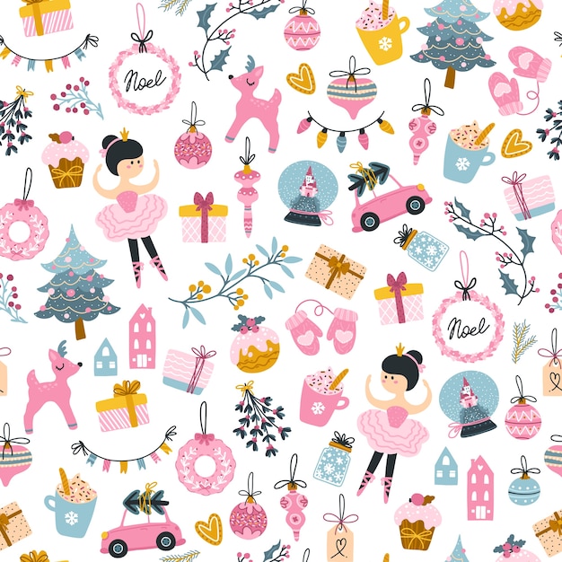 Nahtloses Muster des Weihnachtsbaums, der Ballerina und der Geschenkboxen. Feiertagsdetails kindisch handgezeichneter skandinavischer Stil. Begrenzte rosa Pastellpalette perfekt für girly Druck.