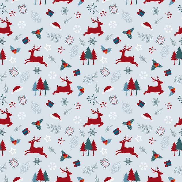 Nahtloses Muster des Weihnachtsfeiertags mit Rotwild und Blättern in der roten und blauen Farbe