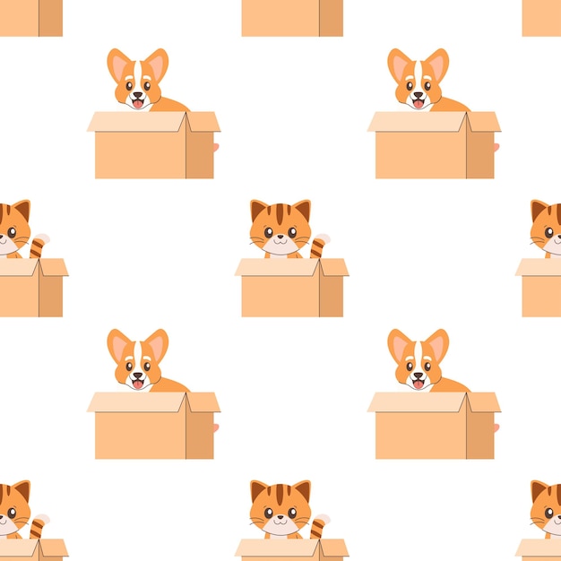 Nahtloses Muster einer Katze und eines Hundes in einer Schachtel Adoption in einem Tierheim