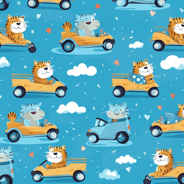 Nahtloses Muster eines Cartoons mit einem niedlichen Tiger, der ein Auto fährt