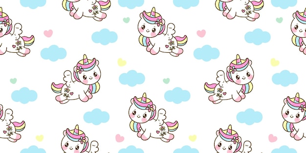 Nahtloses muster einhorn pegasus cartoon sprung mit wolke kawaii tier