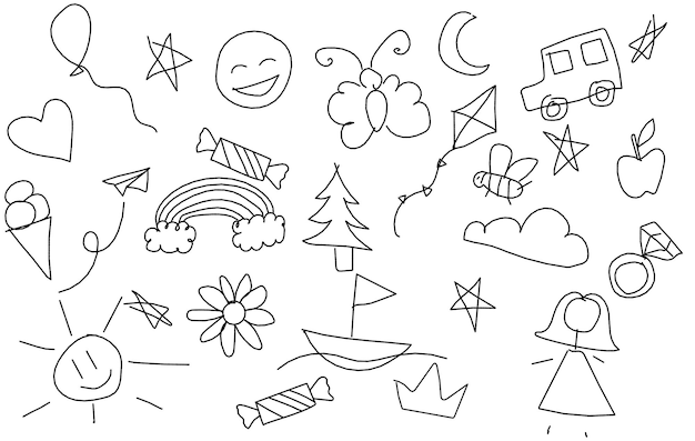Nahtloses Muster für Kinder Farbige Farbe Zeichnung Kindlicher Hintergrund Doodle Verschiedene Gegenstände
