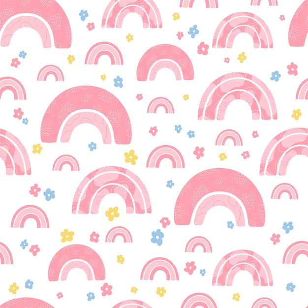 Nahtloses muster für kinder mit rosafarbenem regenbogen und blumen in pastellfarben niedliche textur für kinderzimmerdesign tapetentextilien geschenkpapier bekleidung vektorillustration