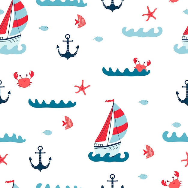 Nahtloses Muster für Kinder mit Segelbooten, Seesternen, Krabben, Ankern und Fischen auf weißem Hintergrund. Süße Textur für Kinderzimmerdesign, Tapeten, Textilien, Geschenkpapier, Kleidung. Vektor-Illustration