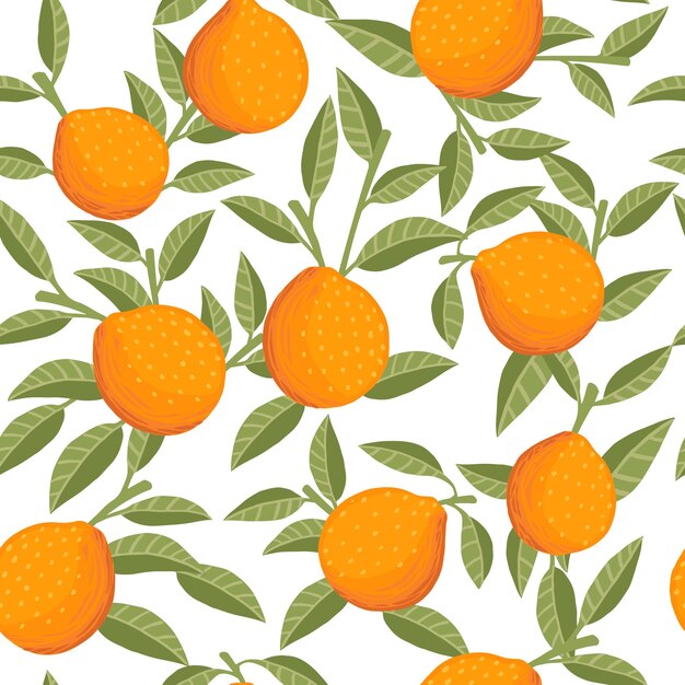 Nahtloses Muster ganzer orangefarbener Zitrusfrüchte mit grünen Blättern, flache Vektorillustration auf weißem Hintergrund