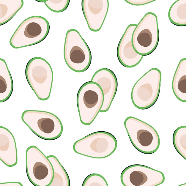 Nahtloses muster geschnittene avocado mit samen auf korallenhintergrund vektorillustration