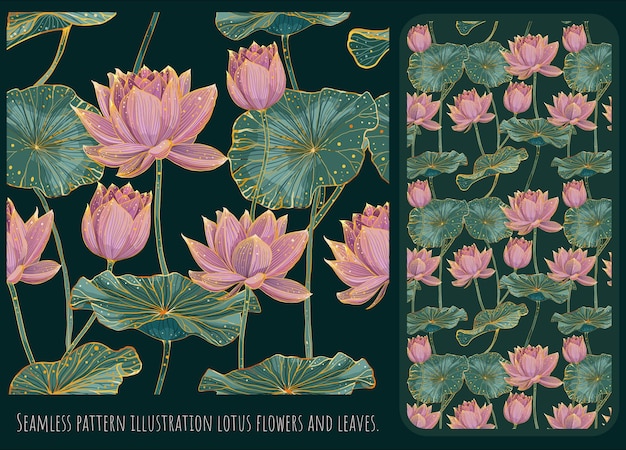 Nahtloses Muster gezeichnete Illustrationshand gezeichnete Kunst der Lotosblumen und der Blätter.
