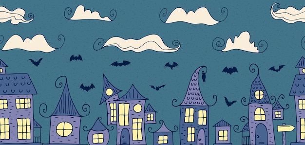 Nahtloses muster. halloween - 31. oktober. handgezeichnete doodle-illustration. ein traditioneller feiertag, der vorabend von allerheiligen, allerheiligen. süßes oder saures. frohes halloween 2022!